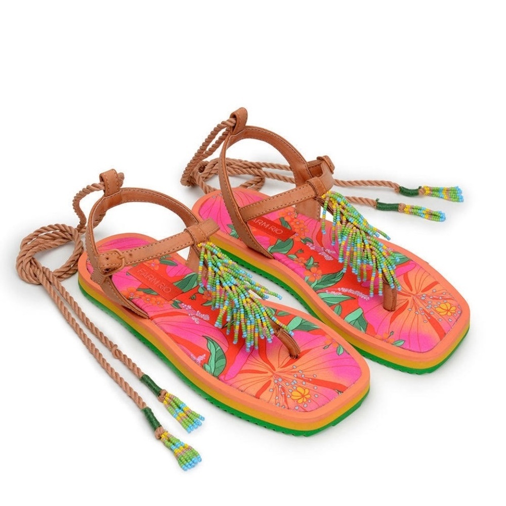 Farm Rio Thong Fringe Beaded Sandals